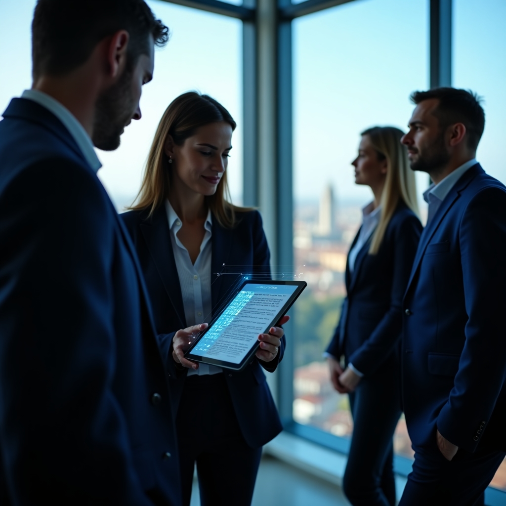 Profesionales firmando documentos digitales